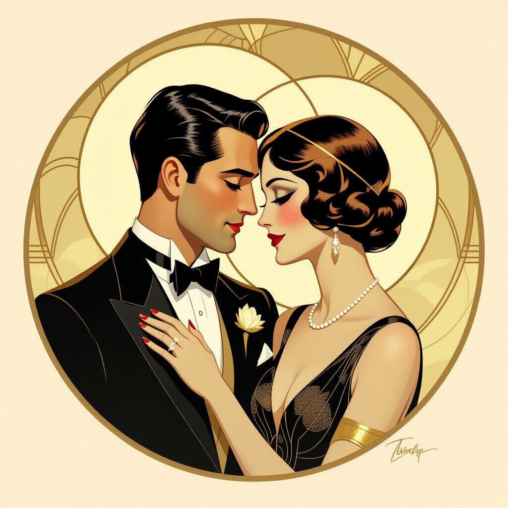 Art Deco Couple With Golden Halos in Lempicka Style
