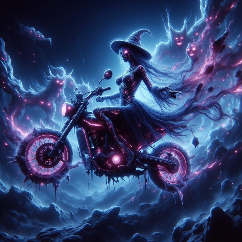 Neon Witch on Motorbike Over Great Wall in Cyberpunk Style