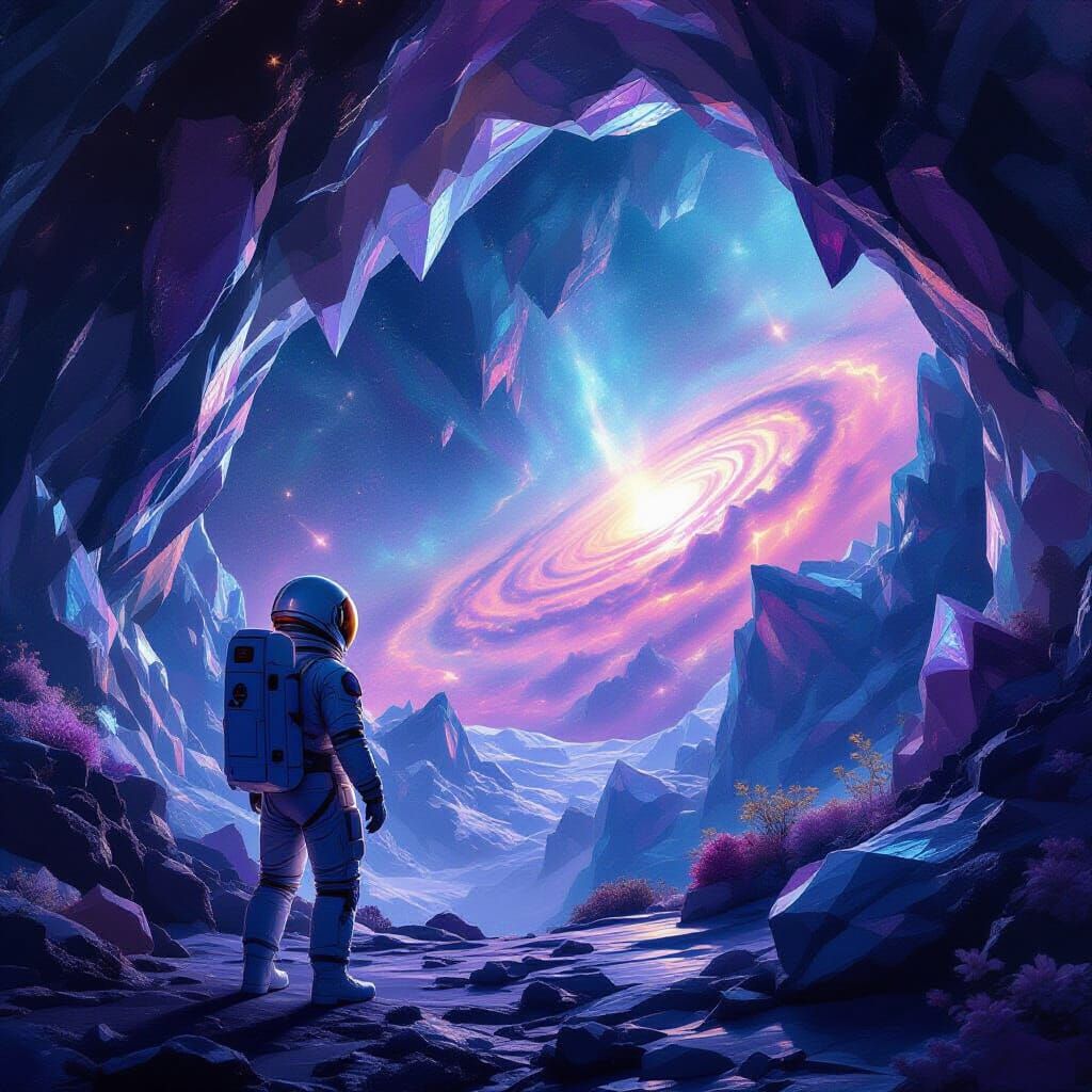 Astronaut in Crystal Cave Gazing at Nebula