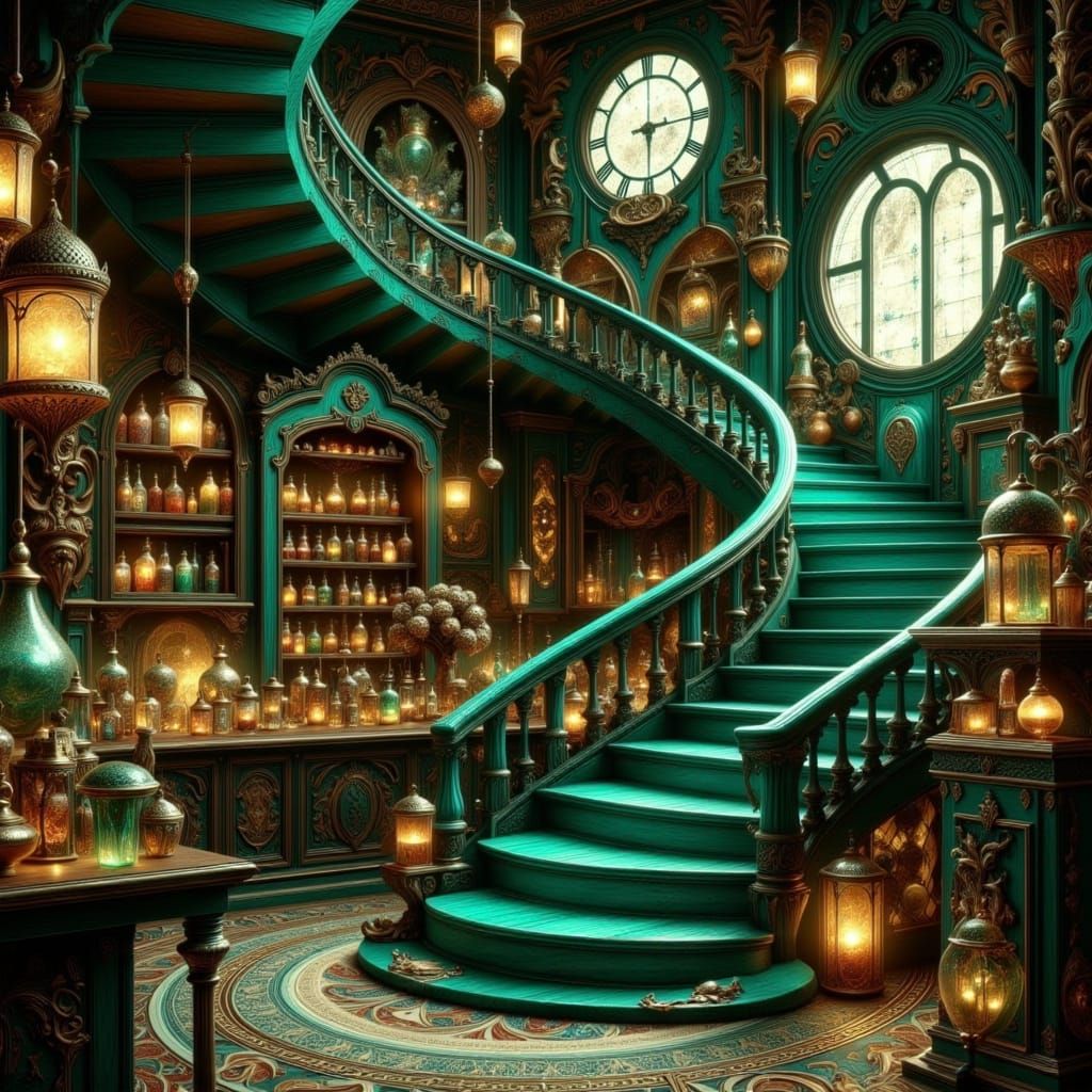 Magical Apothecary Shop with Teal Staircase
