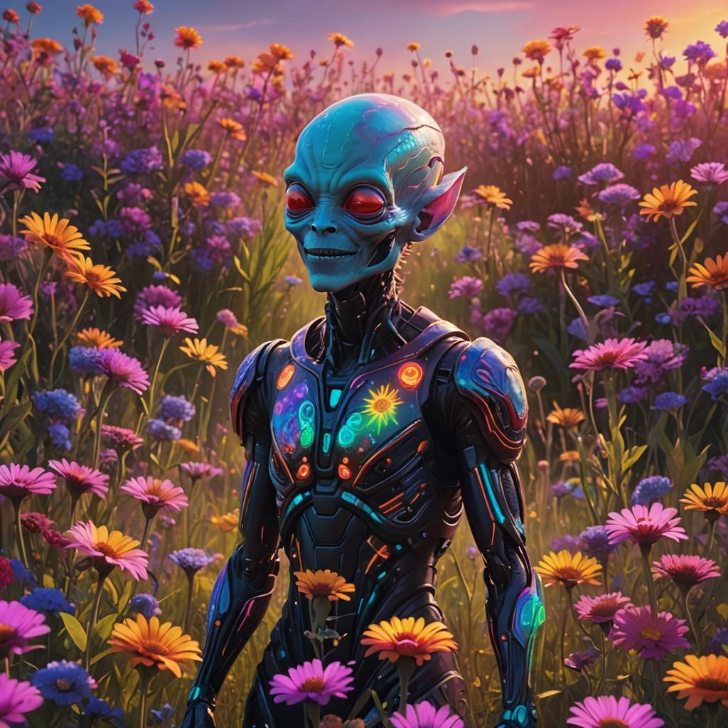 Friendly Alien in Neon Meadow: Sci-Fi Dreamscape