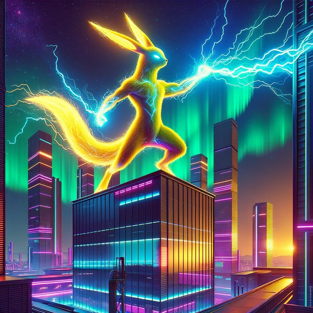 Electric Creature Unleashes Neon Attack in Cyberpunk Citysca...