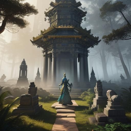 Mystical Temple Figure in Ethereal Light