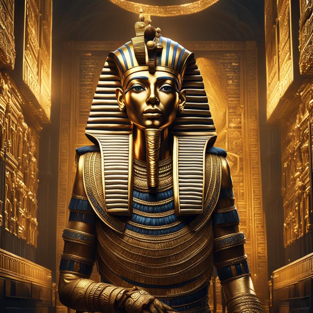 Tutankhamun in Golden Dress: Detailed Matte Painting