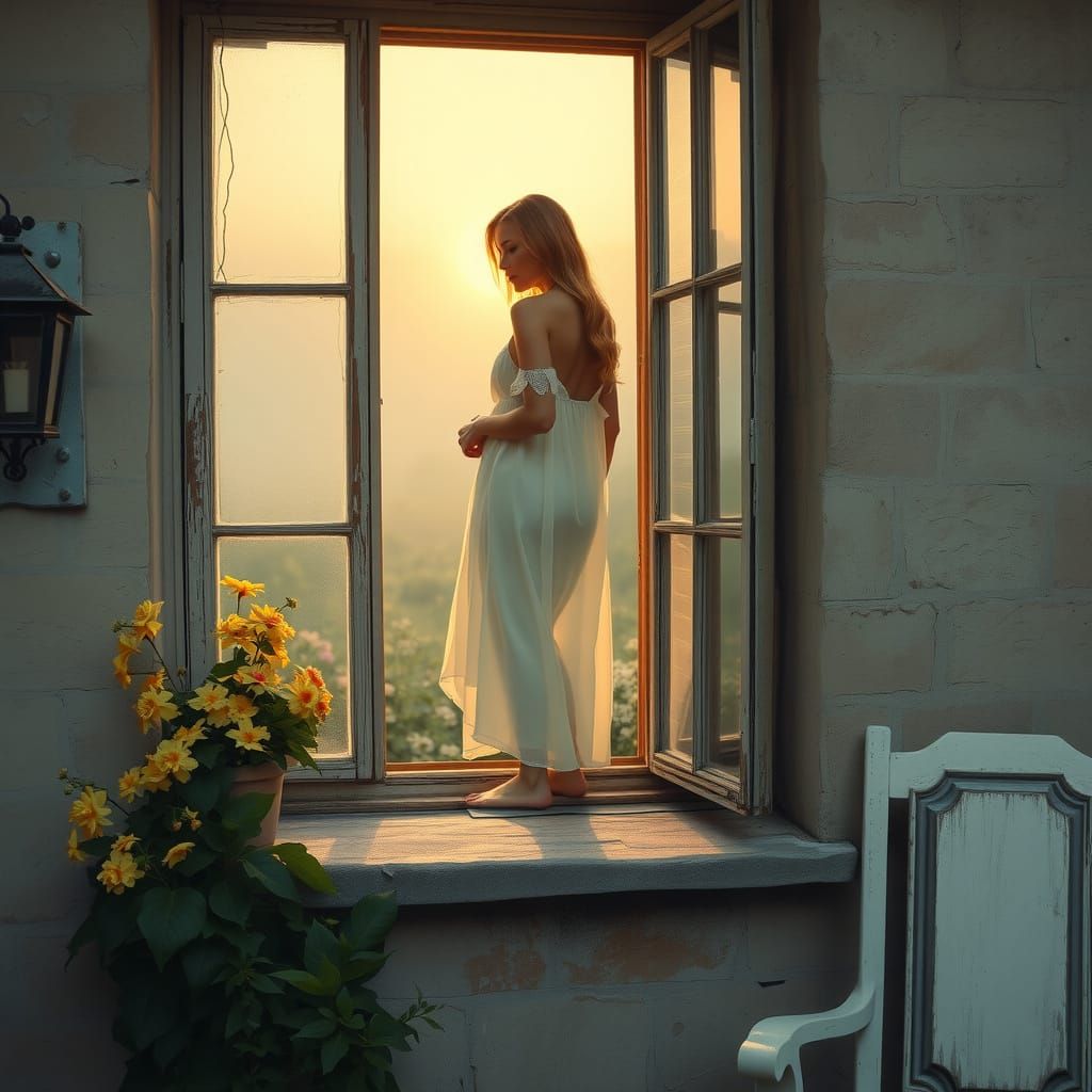 Romantic Cottage Window Scene in Pre-Raphaelite Style