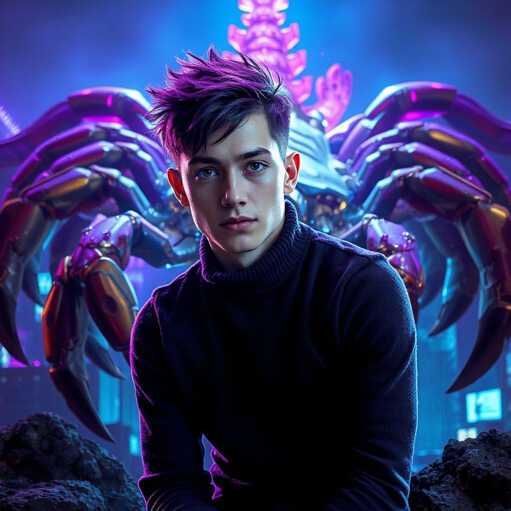 Edgy Man with Scorpion in Dystopian Cityscape