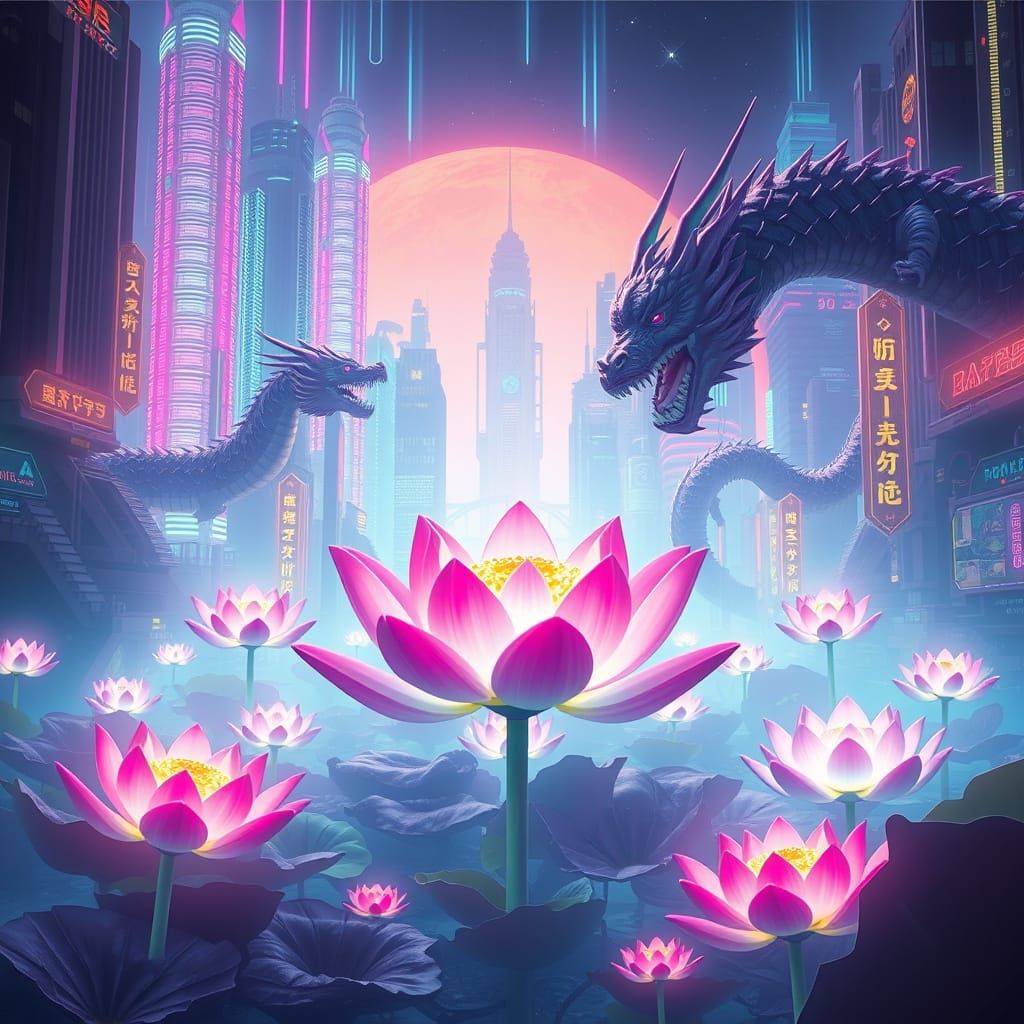 Cyberpunk Lotus Blooms Amidst Ancient Dragons in Electric Ci...