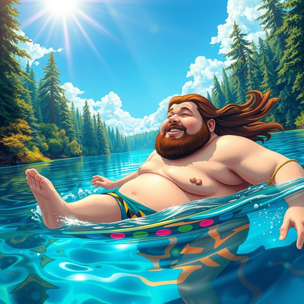 Psychedelic Realistic Portrait of a Swimmer in Lake