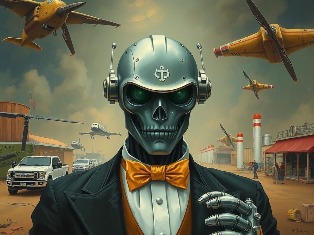 Hyperdetailed oil gouache 🎨 painting 🖌️ of a robot butler. Battlefield 🔫. H.R. Giger Pablo Picasso Tim Burton.