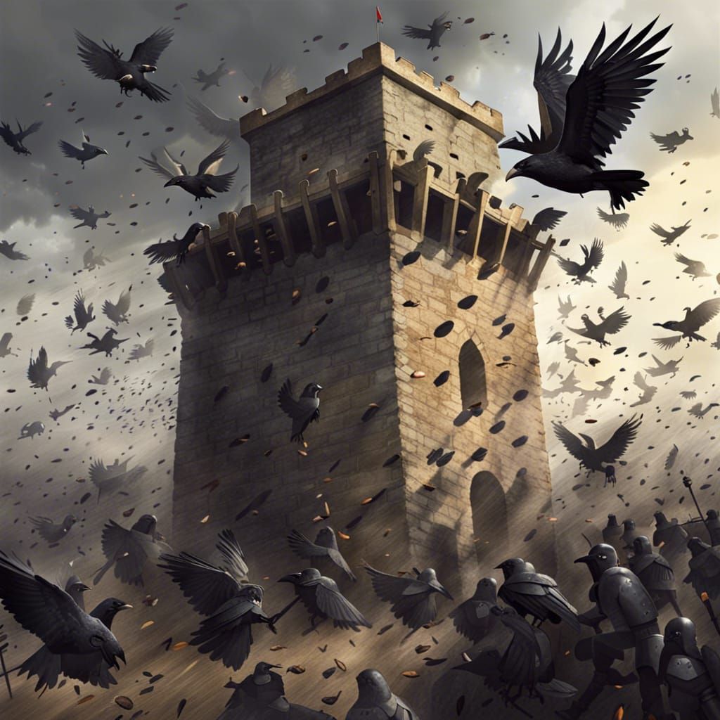 Ravens Assault Medieval Watchtower Defended by Knights