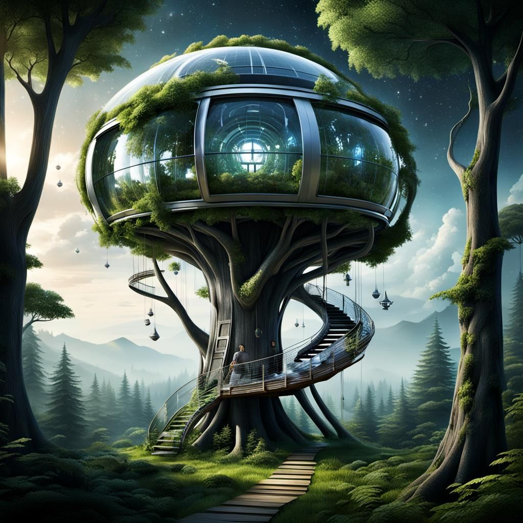 Futuristic Living Treehouse with Galactic Backdrop