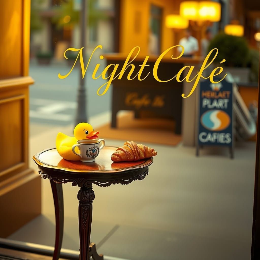 Surrealistic Scene: Rubber Duck in Dreamlike Café