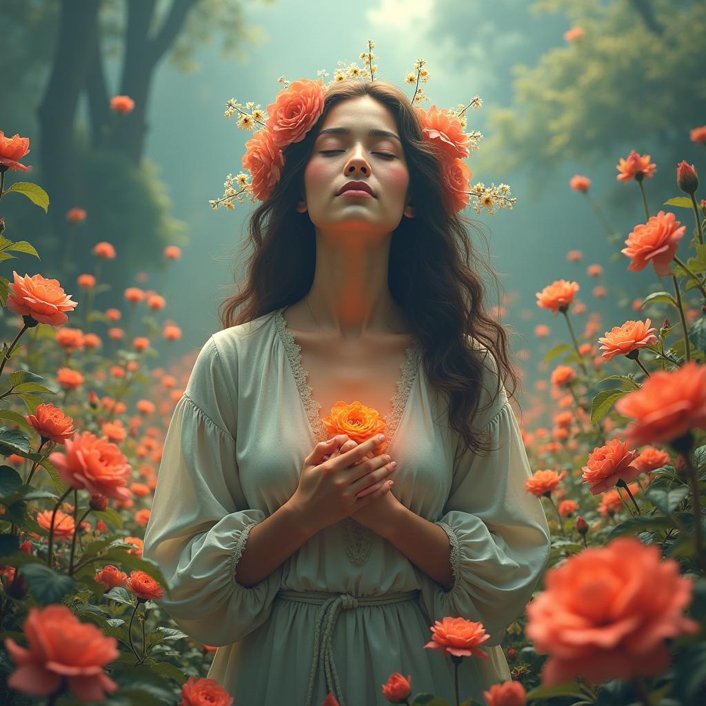 Serene Woman in Vibrant Garden: Dreamy Digital Art