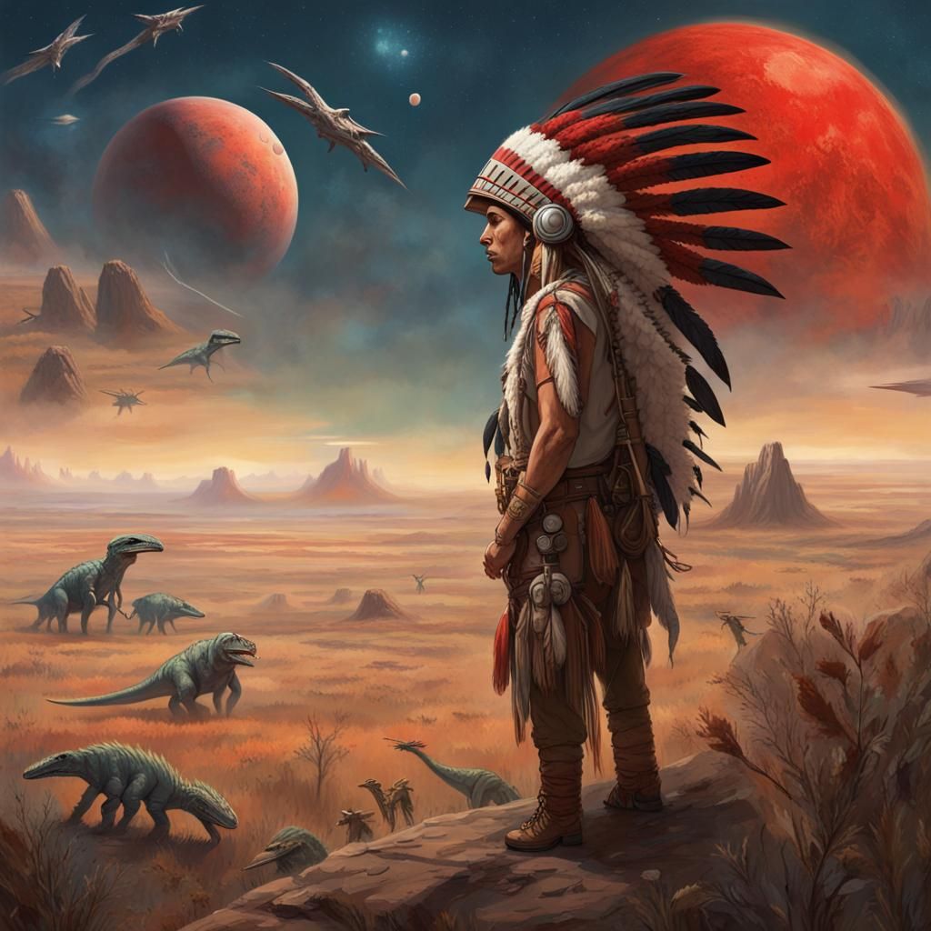Native American and Dinosaurs on the Prairie