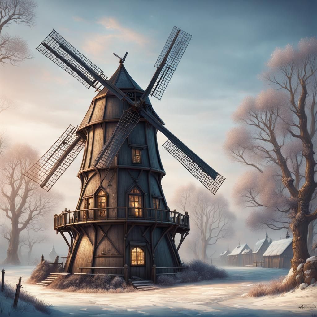 Steampunk gothic windmill  in winter wonderland