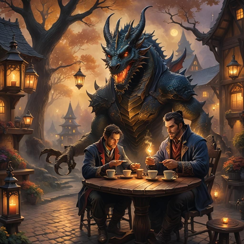 Warlock and Dragon Share Coffee in Kinkade Style