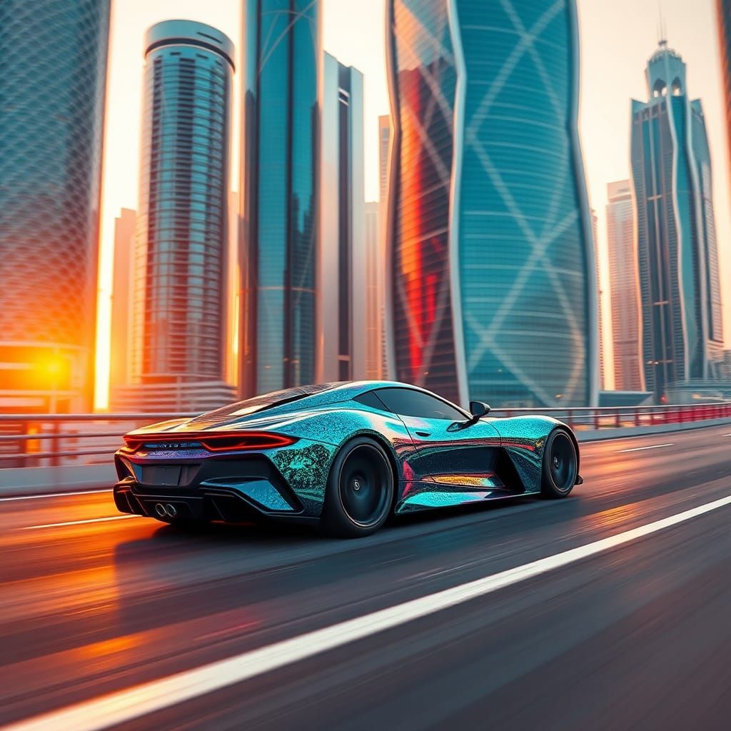 Futuristic Sports Car on Neon Highway at Sunset