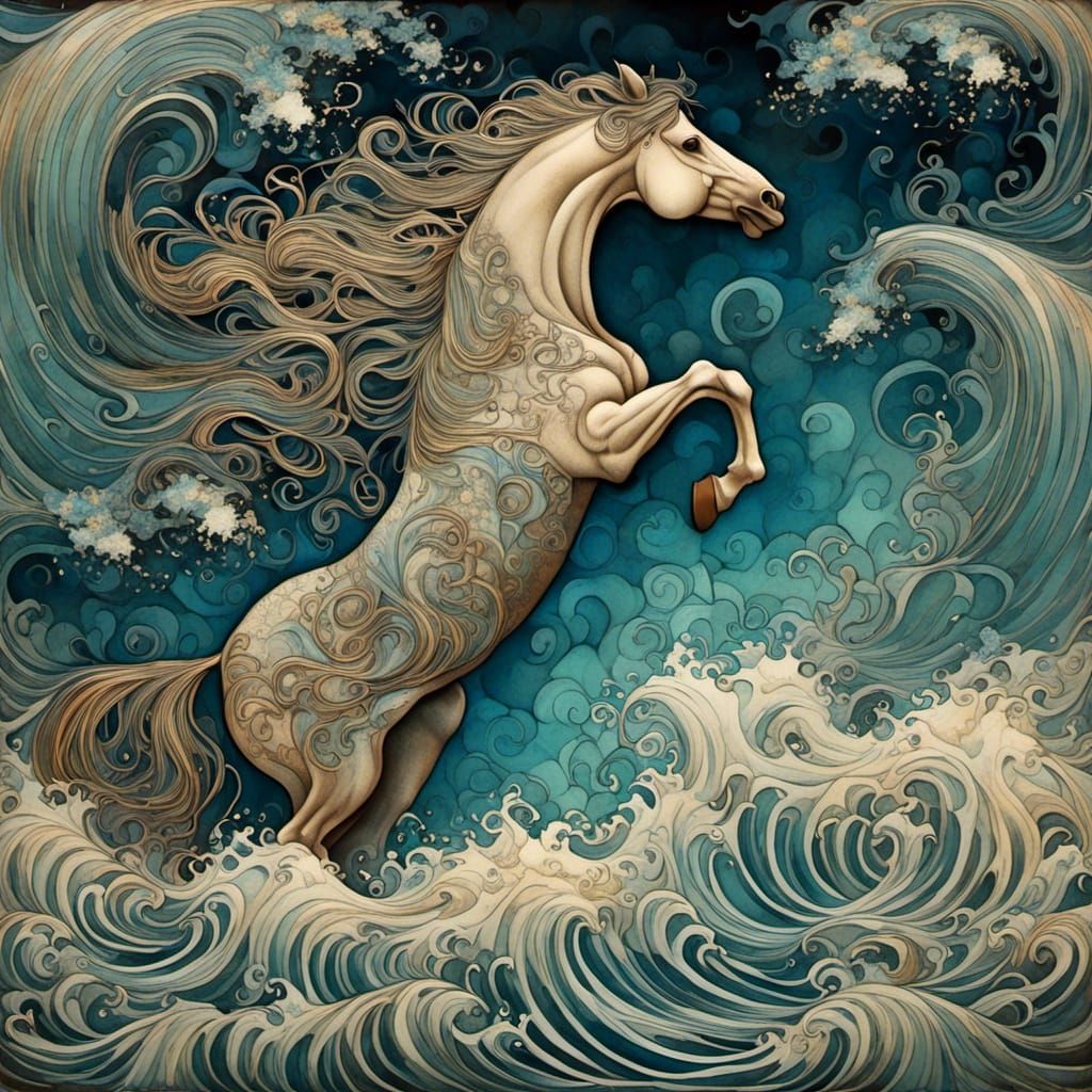 Neptune's Horses Emerge in Art Deco Fractal Ocean