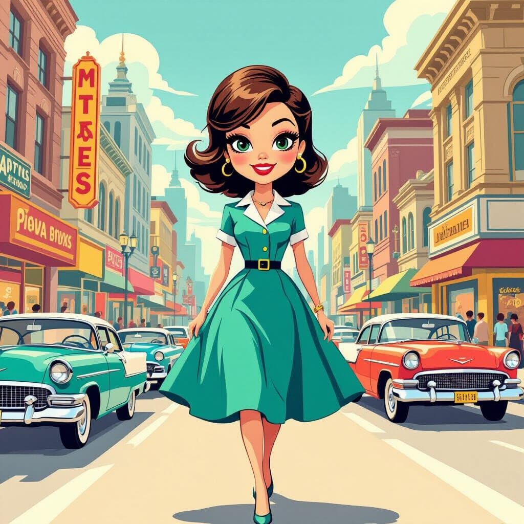 1960s Mod Woman in Vibrant Retro Cityscape Illustration