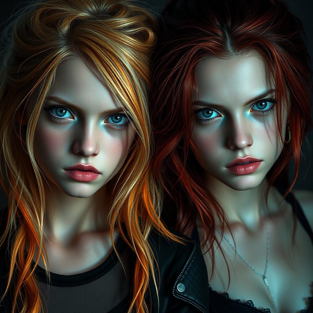 Gothic Portrait of Twin Women in Hyperrealism