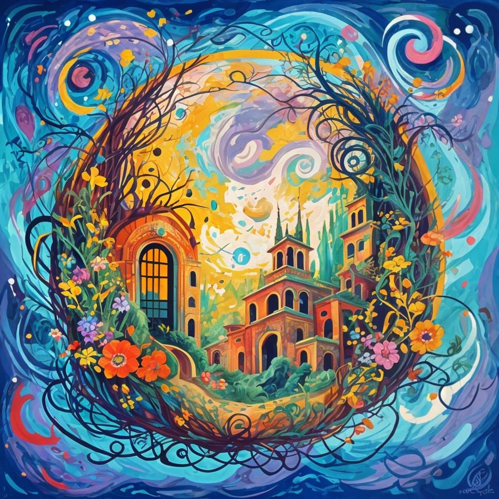 Overgrown Ruin in Cosmic Expressionism Style