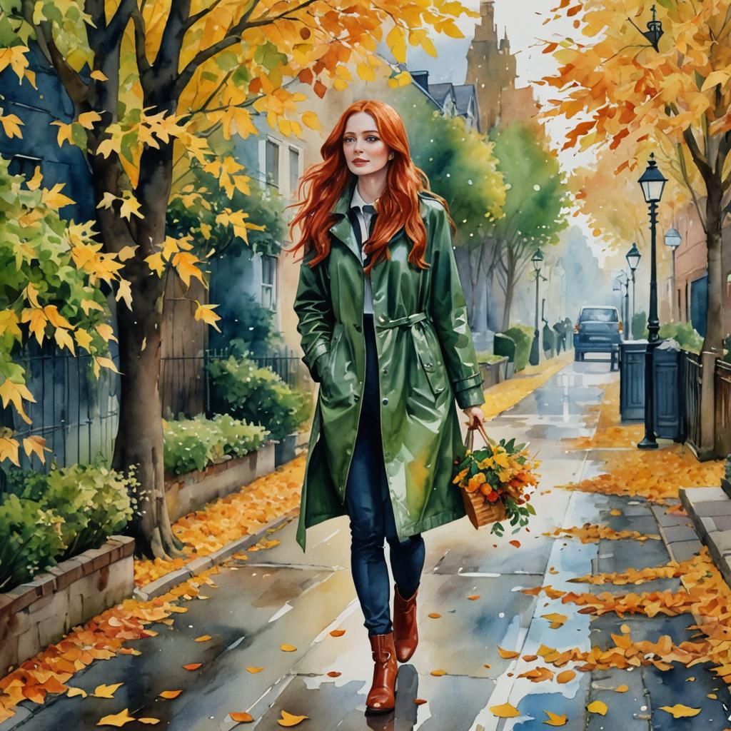 Girl with Red Hair in Autumn Alley, Watercolor