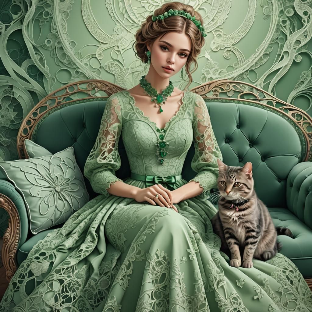 Woman in Green Lace Dress with Cat: Abstract Vector