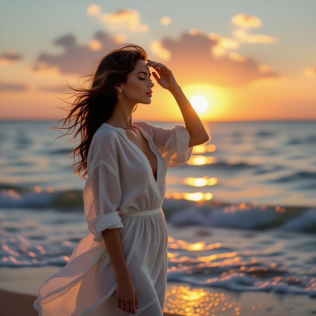 Woman Gazing at Sunset Sea in Realistic Style