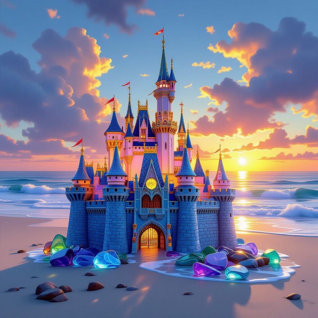 Sea Glass Castle Sculpture on Beach at Sunset