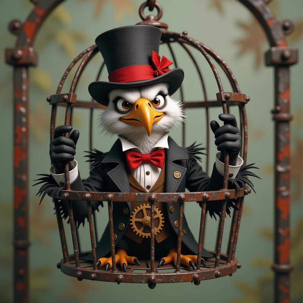 Surreal Vulture Escapes Steampunk Cage