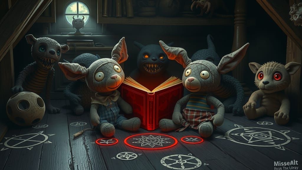Creepy Stuffed Animals in Dusty Attic with Occult Symbols