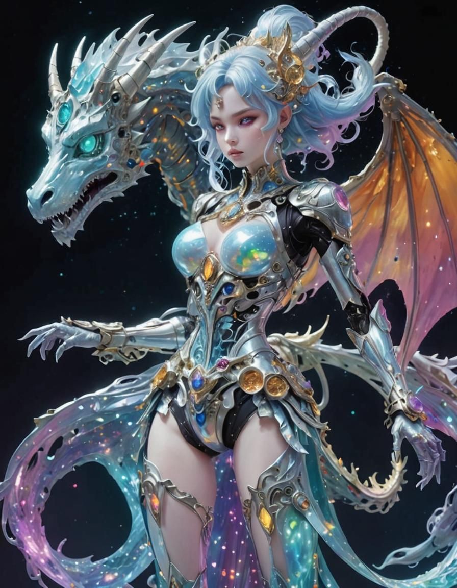 Rainbow Dragon Girl with Robot Skeleton in Outer Space