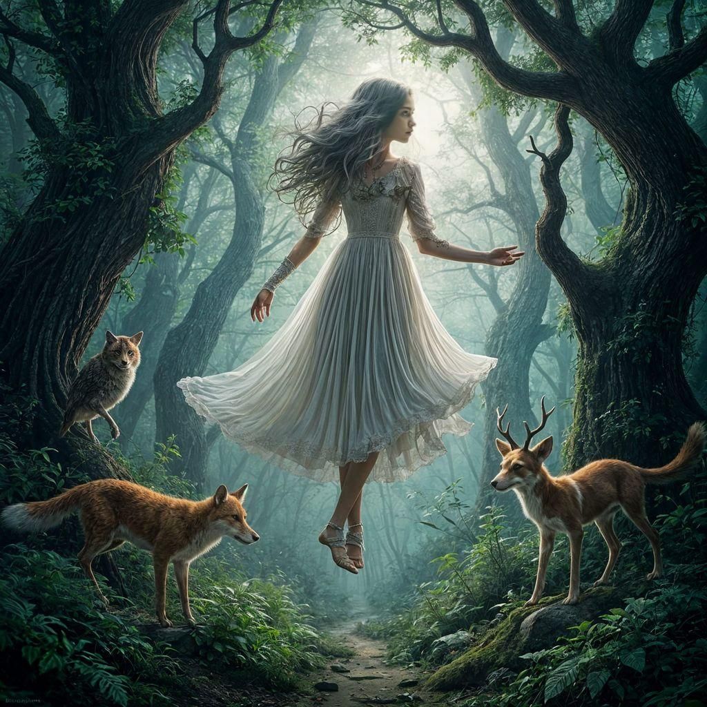 Ethereal Girl Levitates in Mystical Forest