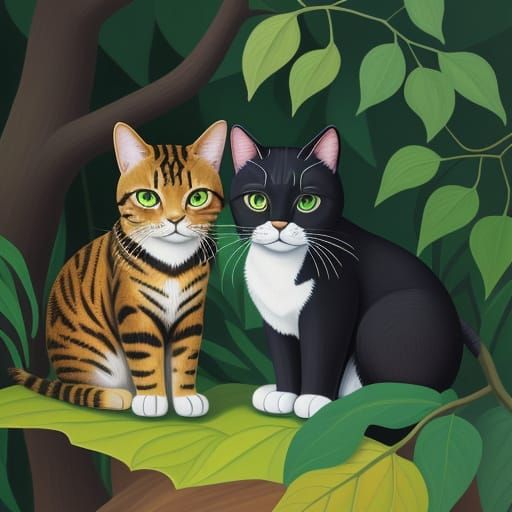 Cat on Tree Branch in Naive Art Style