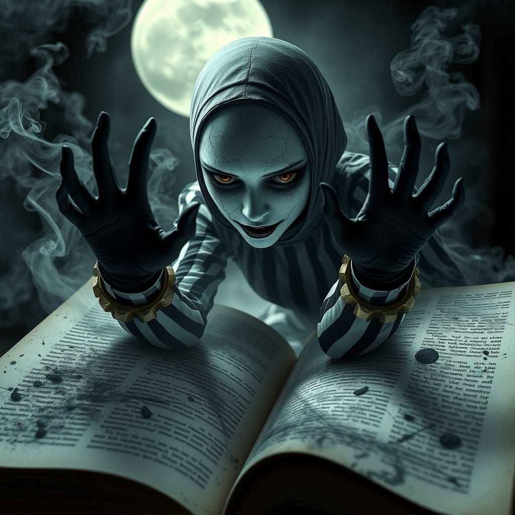 A dark, hyper-realistic anime-style mime woman emerges from the pages of an open, ancient book