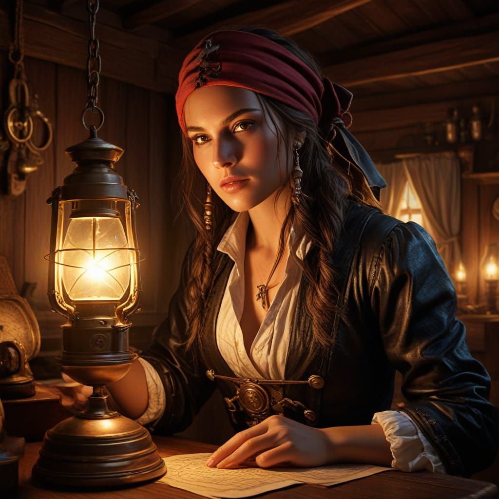 Female Pirate Planning Voyage by Oil Lamp