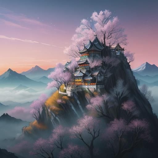 Magical Almond Tree in Chinese Ink Painting Style