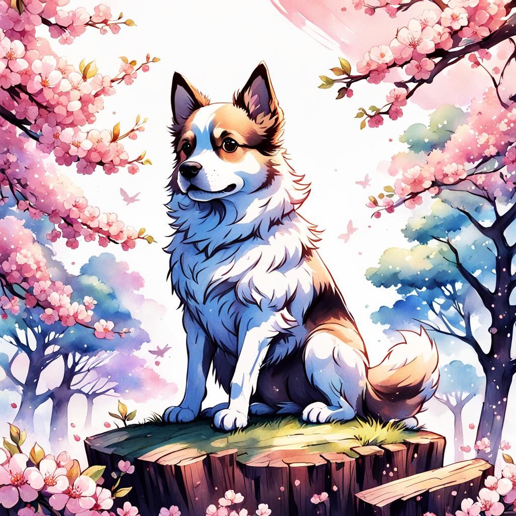 Cute Dog in Cherry Blossoms, Manga Scan Style