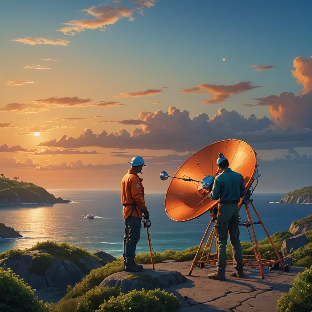 Technician Fine-Tunes Satellite Dish by the Sea