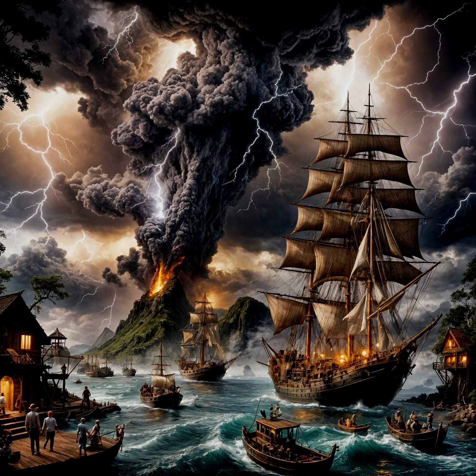 Volcanic Island Eruption with Tall Ship in Storm