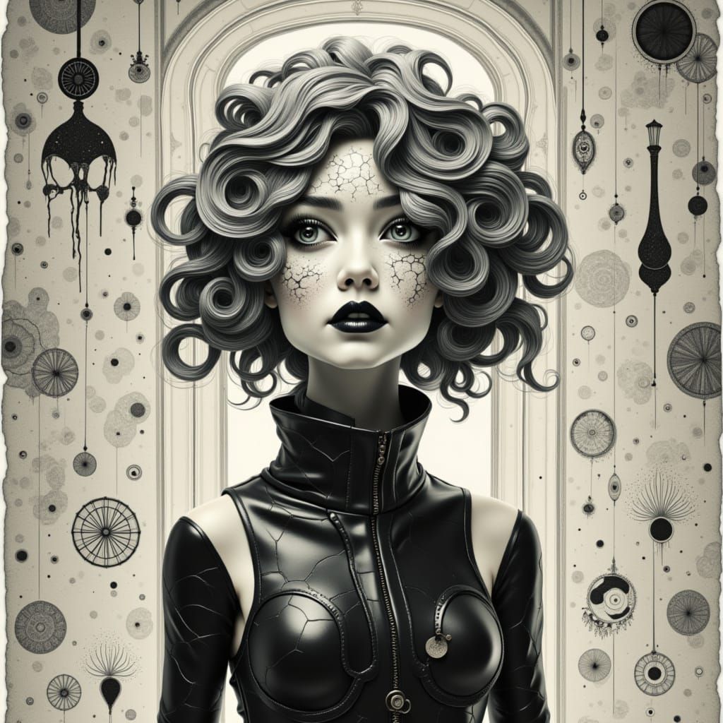 Gothic Android in Retro-Futuristic Room