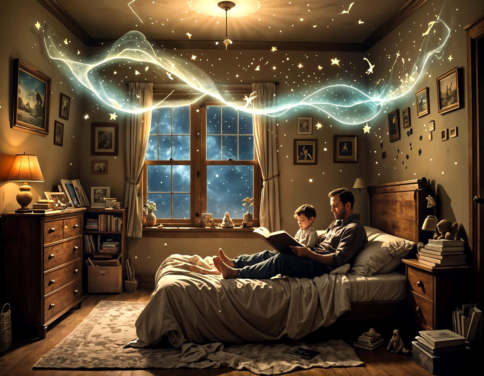 Father and Child Reading with Fantasy Imagery