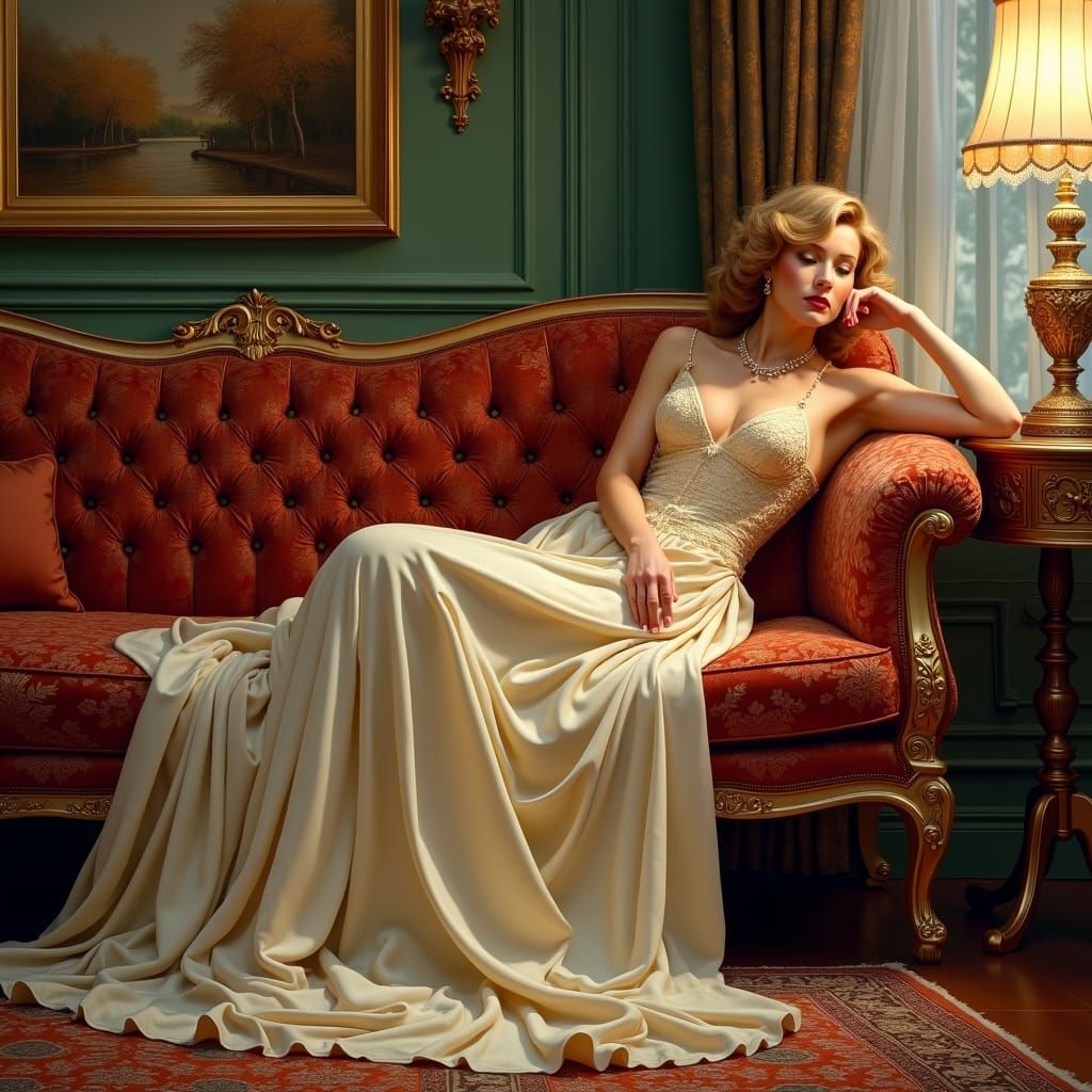 Elegant Lady in Gown Contemplating