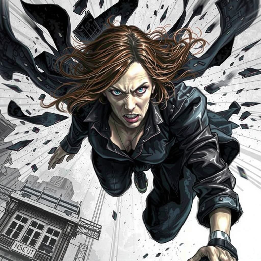 Elderly Uma Thurman Leaping Across Collapsing Bridge