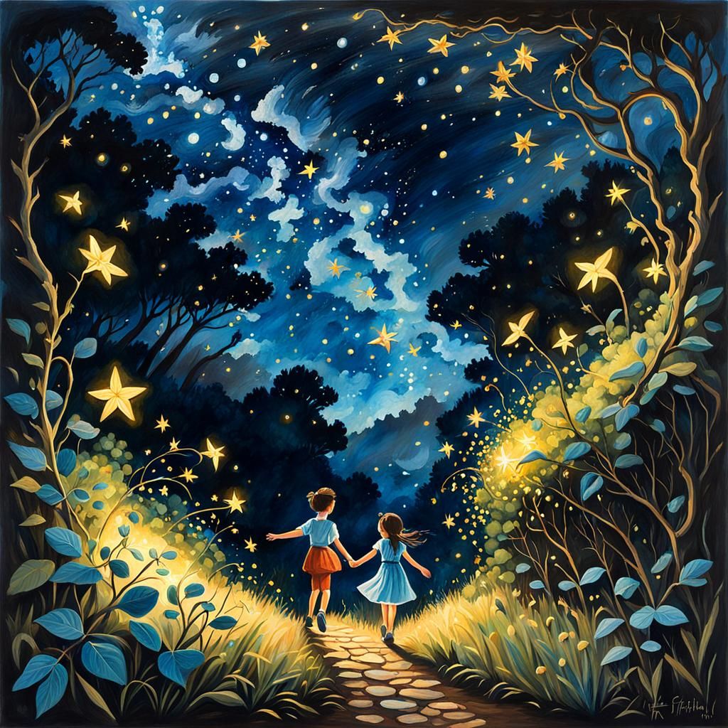 Guiding Star Gouache Painting Through Starless Skies