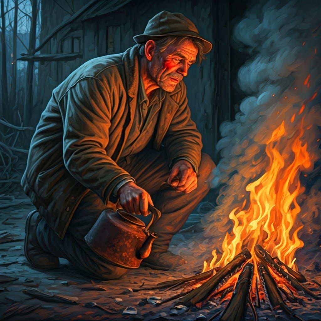 Man Ignites Fire with Rusty Kettle, Sweating Amidst Whirlwin...