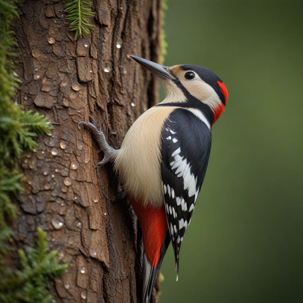 Macro Photo: Great Spotted Woodpecker with Dew Drops in Gold...