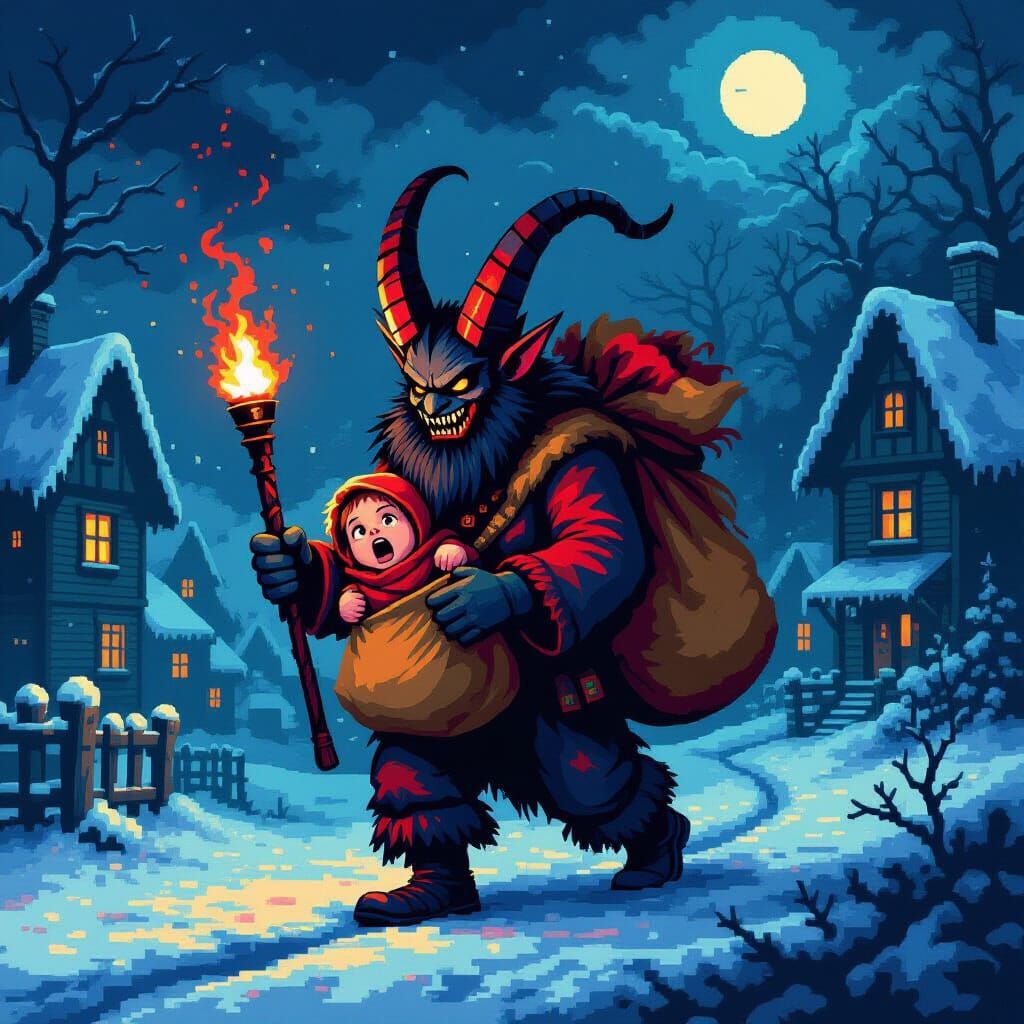 Krampus in Pixel Art Haunts Snowy Village