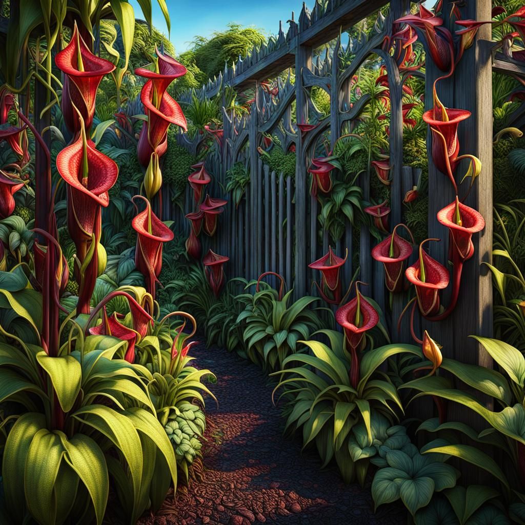 Nepenthes Plants in a Detailed Fantasy Garden
