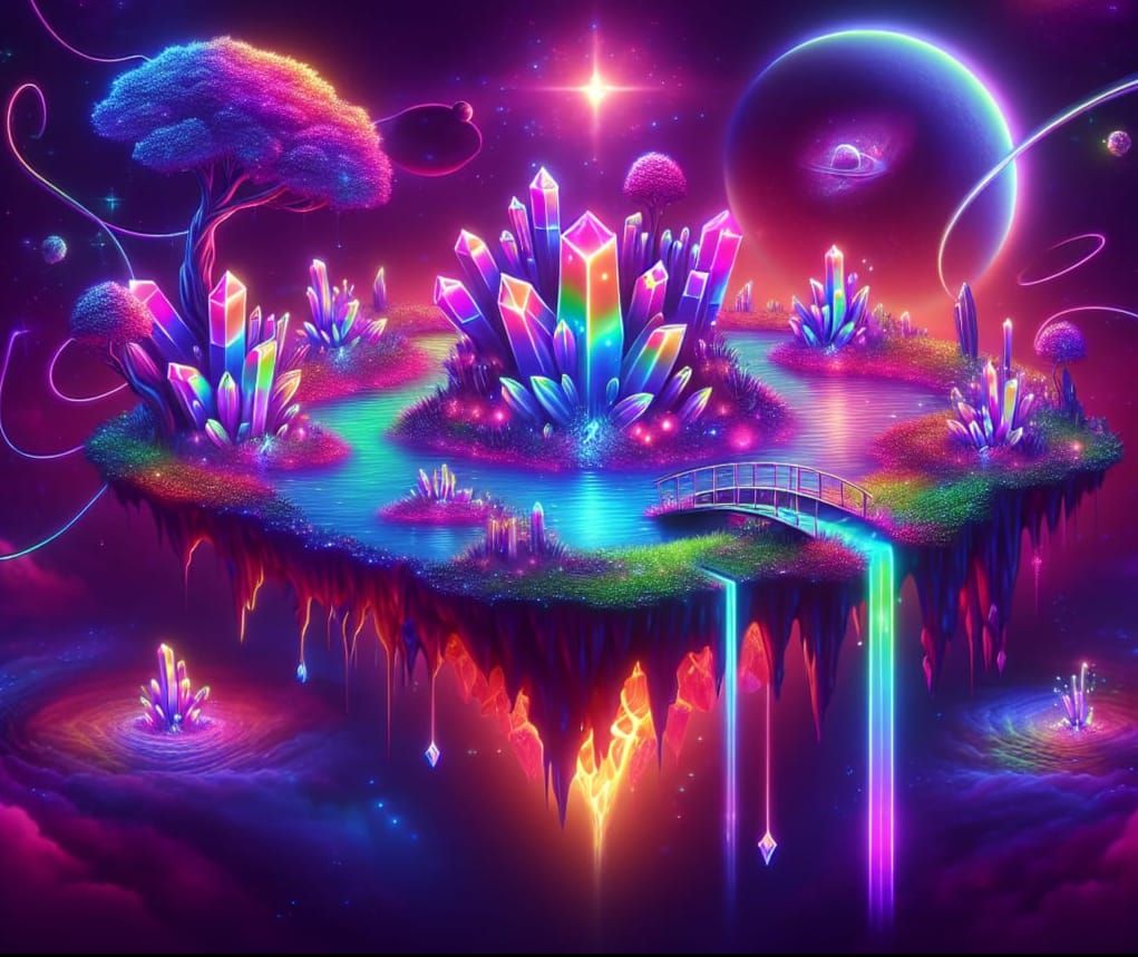 Iridescent Floating Island Above Volcanic Caldera